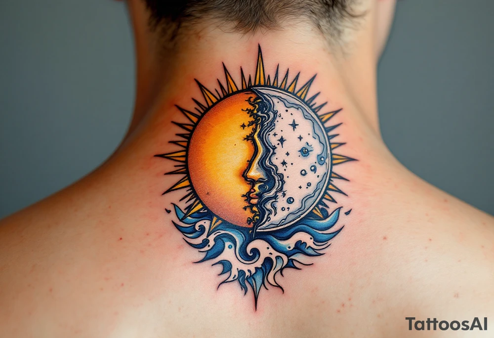 A radiant golden sun with sharp rays on one side and a calm silver moon with soft waves on the other, symbolizing karmic equilibrium. tattoo idea