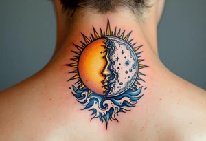 A radiant golden sun with sharp rays on one side and a calm silver moon with soft waves on the other, symbolizing karmic equilibrium. tattoo idea