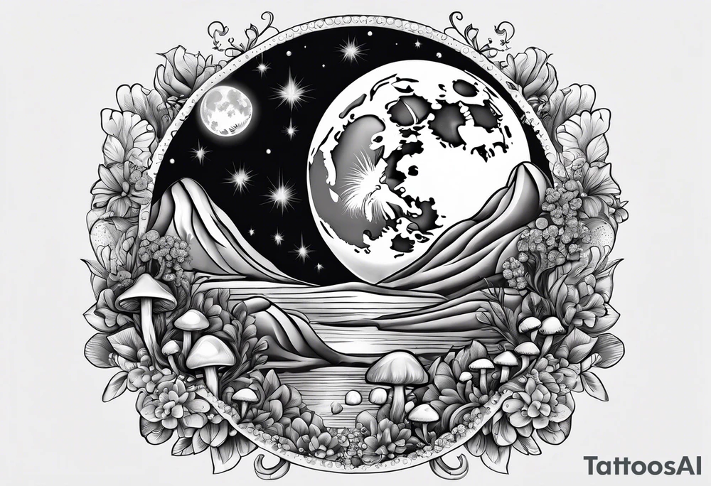 moon with crystals, mushrooms tattoo idea