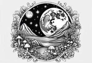 moon with crystals, mushrooms tattoo idea