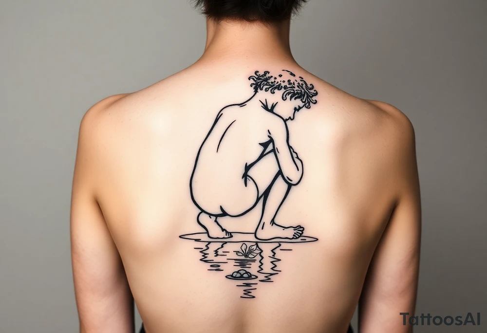back view of curly headed son squatted down putting his fingers in the water/pond tattoo idea