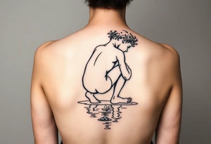 back view of curly headed son squatted down putting his fingers in the water/pond tattoo idea