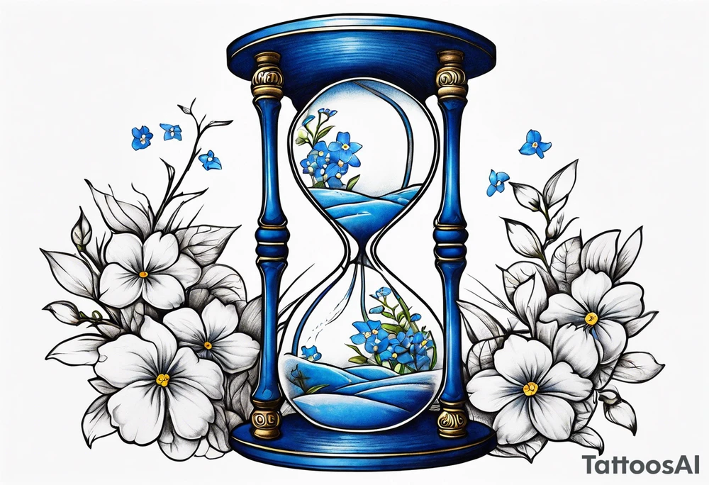 Hour glass, with falling forget me not petals tattoo idea