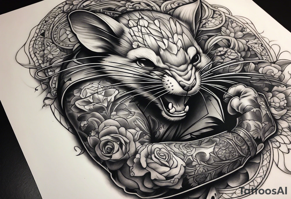 arm sleeve, excruciating pain, evil mice on elbow tattoo idea