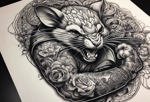 arm sleeve, excruciating pain, evil mice on elbow tattoo idea