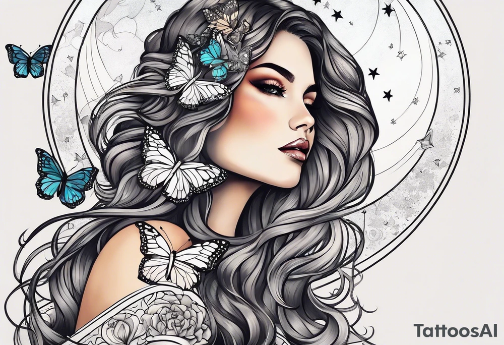 Beautiful woman with butterflies in her long wavy hair sitting on a half moon, with a moon and star background tattoo idea
