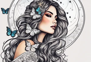 Beautiful woman with butterflies in her long wavy hair sitting on a half moon, with a moon and star background tattoo idea
