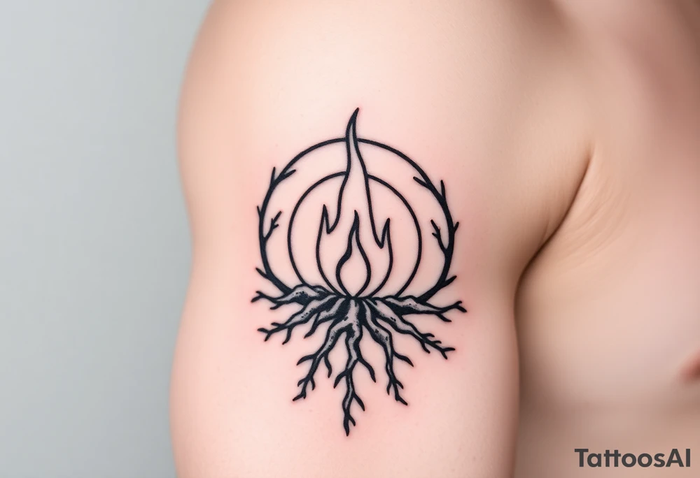 a round flame imprisoned in a roots circle tattoo idea