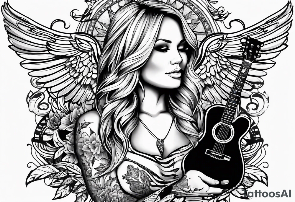 Microphone and musical notes and guitar and wings and Miranda Lambert tattoo idea