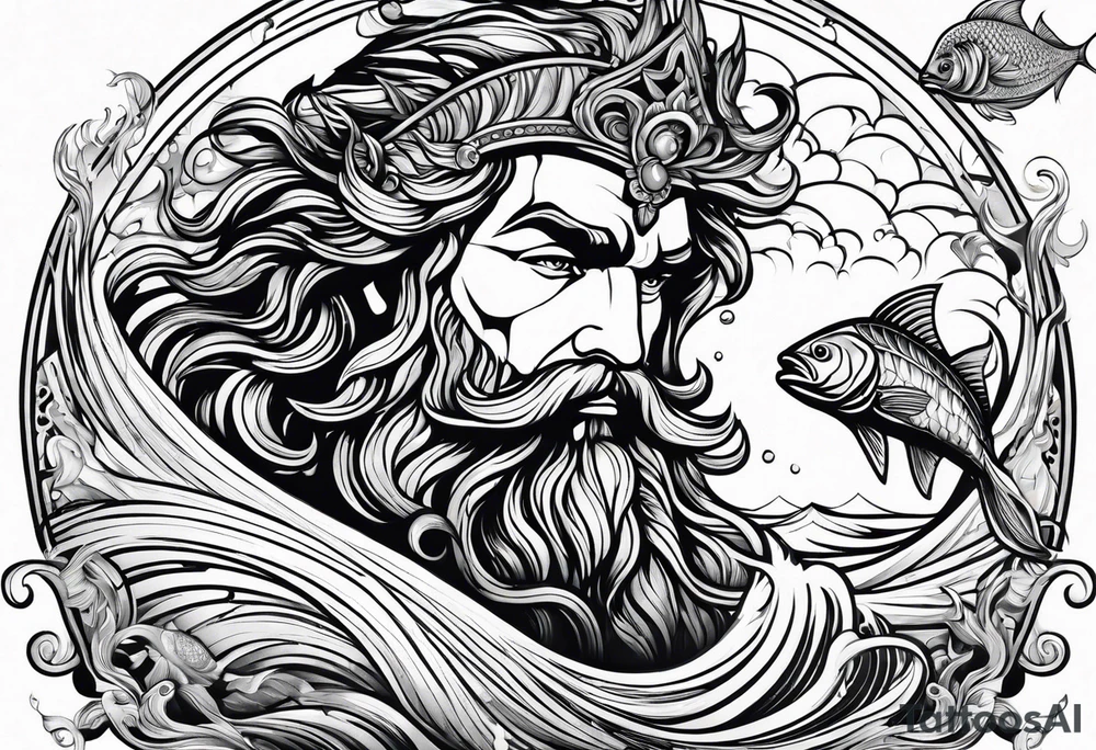 Poseidon with waves and fish tattoo idea