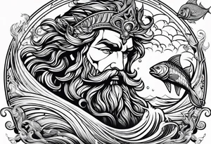 Poseidon with waves and fish tattoo idea