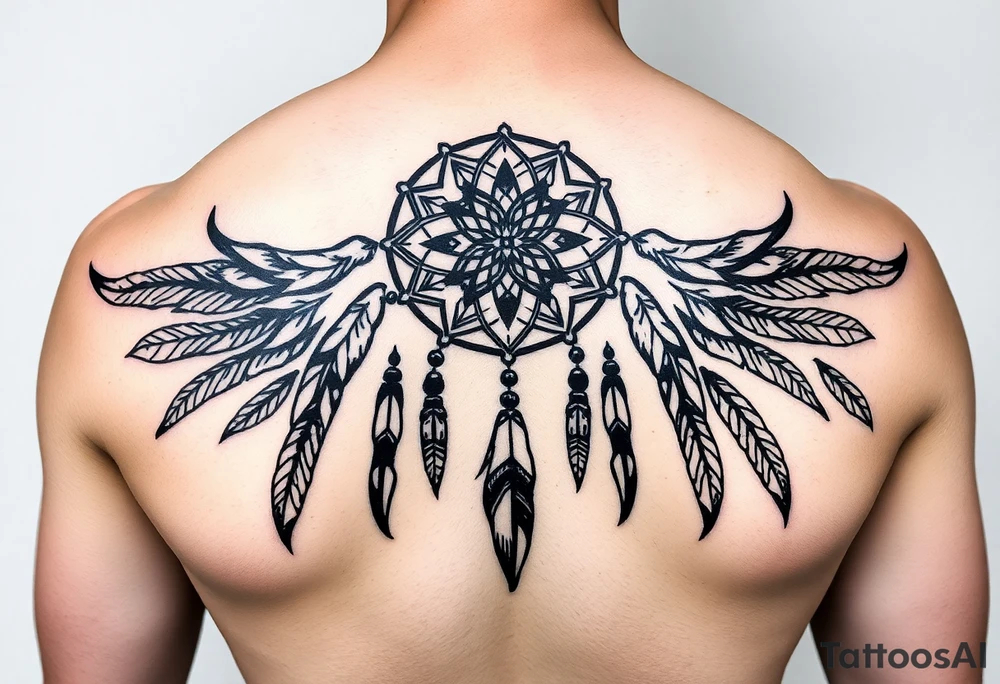 native dreamcatcher with flowing feathers and sacred beads tattoo idea