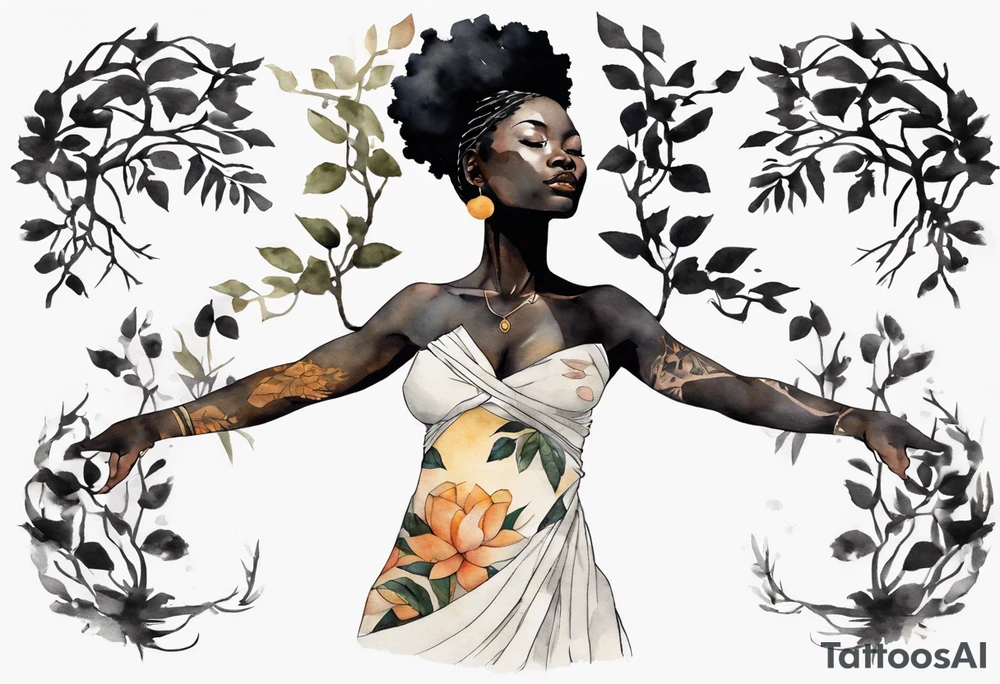 a tree that turns into a black woman reaching with her arms towards the sun, wearing a tunic tattoo idea