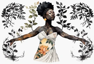a tree that turns into a black woman reaching with her arms towards the sun, wearing a tunic tattoo idea