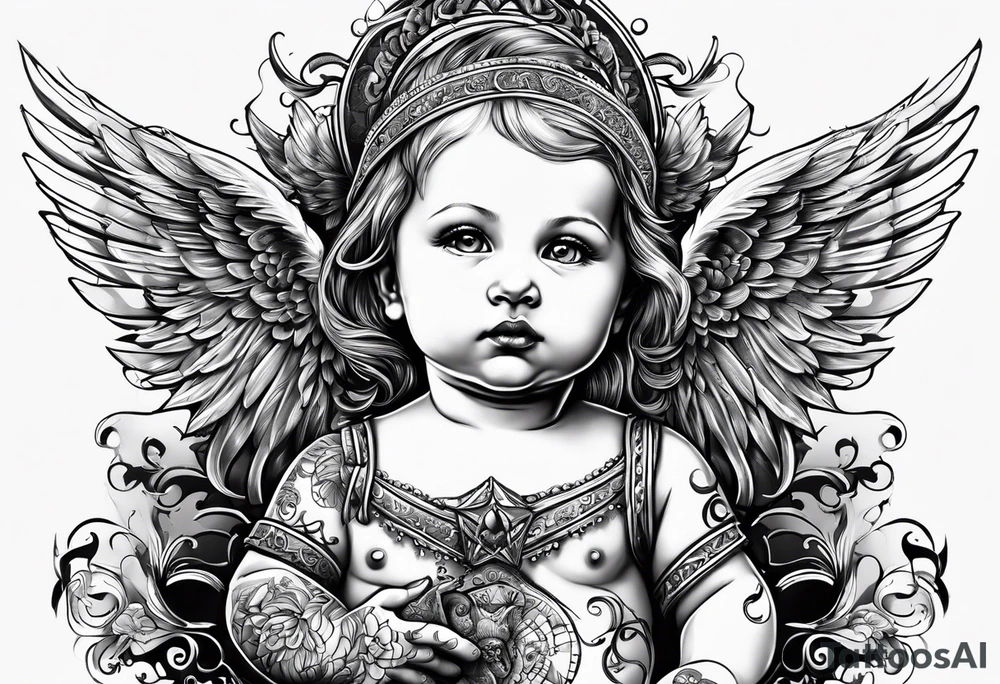 baby with one angel Name Leah written under in gothic letters. tattoo idea
