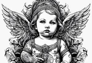 baby with one angel Name Leah written under in gothic letters. tattoo idea