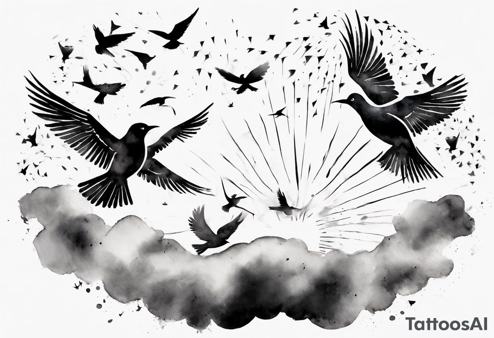 shoulder tattoo with light rays with birds flying free among the clouds, round shape, 3d effect tattoo idea