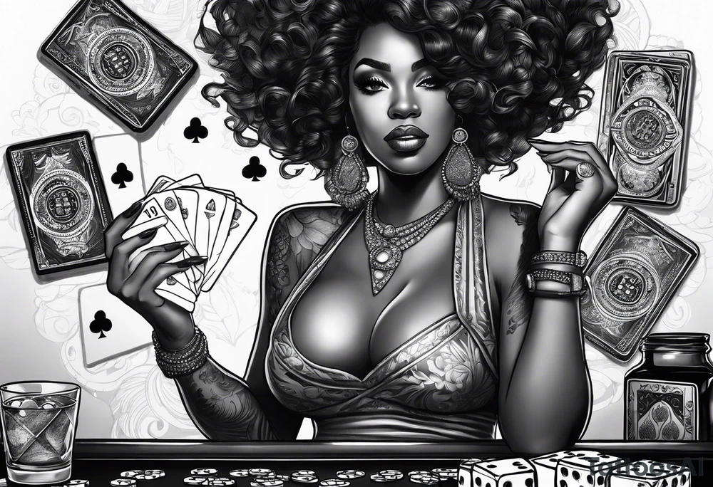 black woman with dice, cards, whiskey. and casino chips tattoo idea