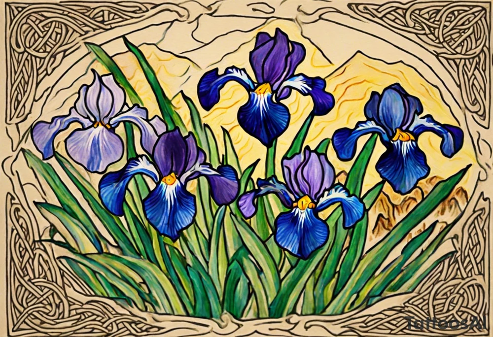 Create a small, thick, colorful Vincent van Gogh Irises tattoo, with vines in Celtic knots gracefully intertwining at mountains need to be present. The intended placement is on the upper chest. The overall design should be small in size while maintaining a delicate and artistic aesthetic. Pay attention to the graceful flow of the vines and the placement of the irises to achieve a refined and elegant look. tattoo idea