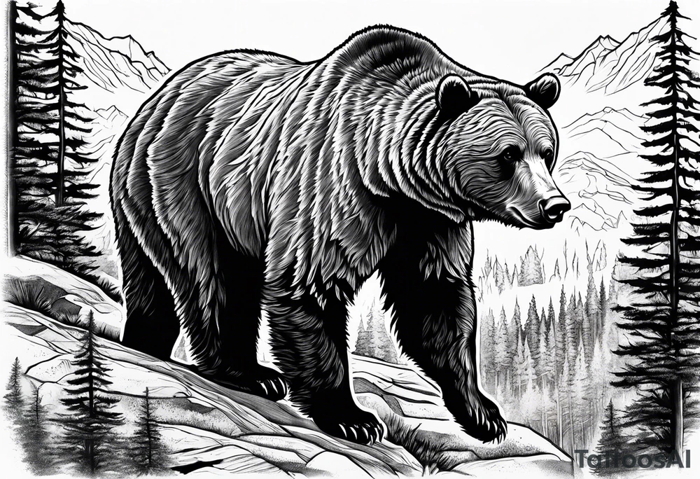 grizzly bear mountain forest tattoo idea