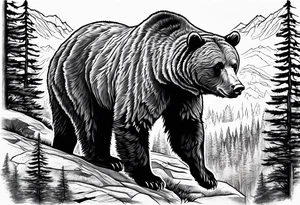 grizzly bear mountain forest tattoo idea