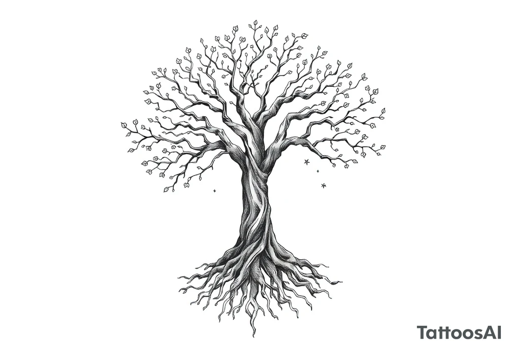 mystical tree of life with cosmic roots and celestial branches tattoo idea