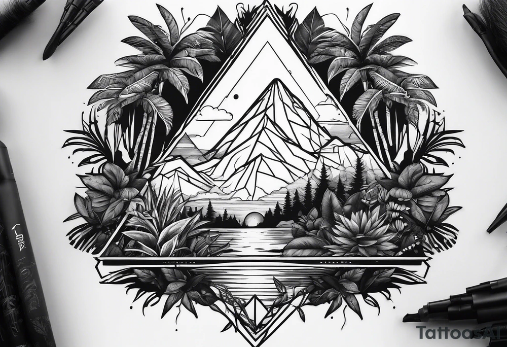 thick line art of space and jungle in triangle shape tattoo idea