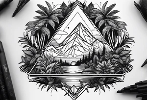 thick line art of space and jungle in triangle shape tattoo idea