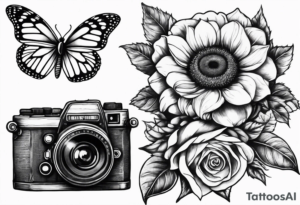 Book, sunflower, camera, butterfly, flower rose tattoo idea Book, sunflower, camera, butterfly, flower rose tattoo idea