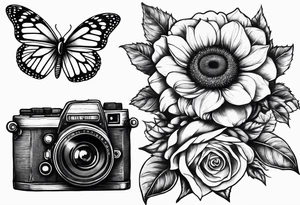 Book, sunflower, camera, butterfly, flower rose tattoo idea