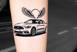 2014 Mustang GT driving down highway with 2015 Audi S5 with Angel wings and halo above 2015 Audi S5 tattoo idea