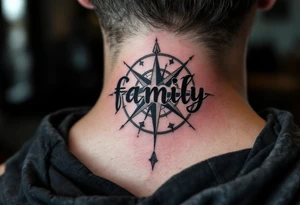A classic black word "family" tattoo beneath a compass rose with deep navy and silver accents. tattoo idea