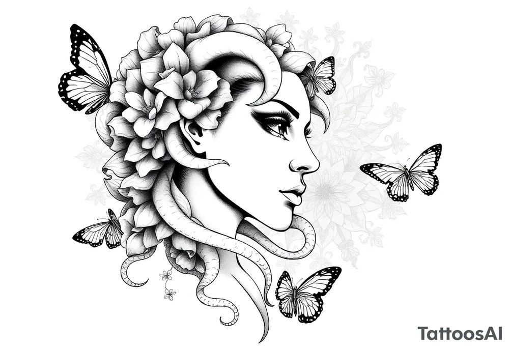 Side portrait of Medusa with flowers, butterflies 
and mandala background tattoo idea