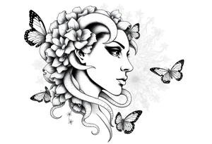 Side portrait of Medusa with flowers, butterflies 
and mandala background tattoo idea