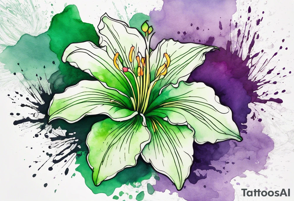 An outline of an only green rio dipladenia flower and a green and purple watercolor splash in the background tattoo idea