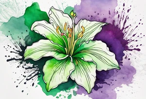 An outline of an only green rio dipladenia flower and a green and purple watercolor splash in the background tattoo idea