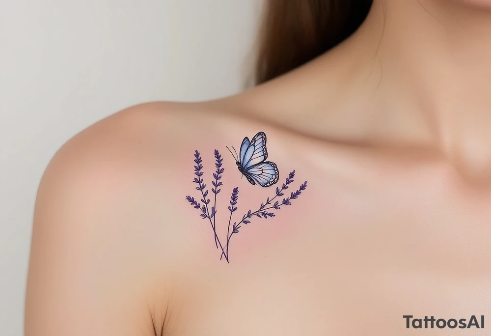 A butterfly landing on a lavender sprig, with soft pastel blue wings and intricate floral details. tattoo idea