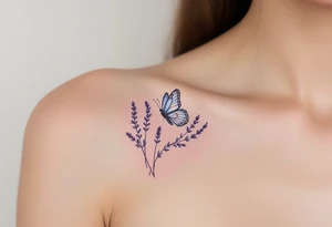 A butterfly landing on a lavender sprig, with soft pastel blue wings and intricate floral details. tattoo idea