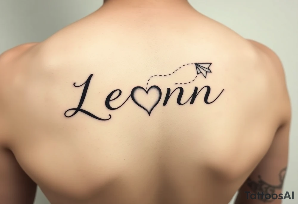 The name Leann going down my ribs with a heart and paper plane tattoo idea