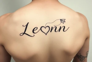 The name Leann going down my ribs with a heart and paper plane tattoo idea