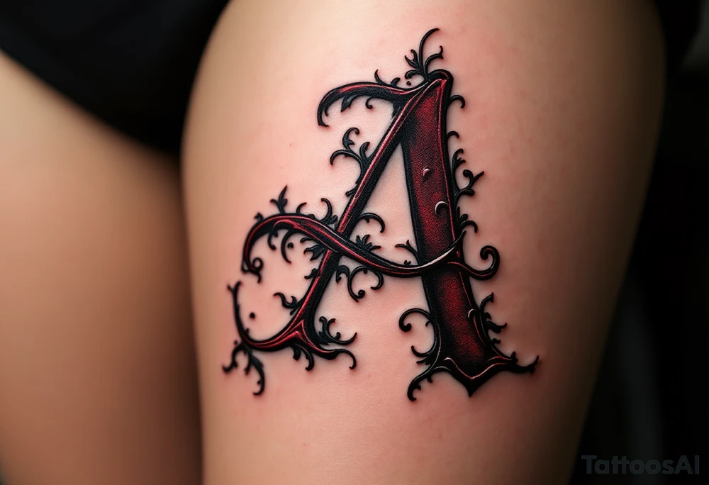A bold gothic-style "A" in deep crimson with dark shadowing. tattoo idea