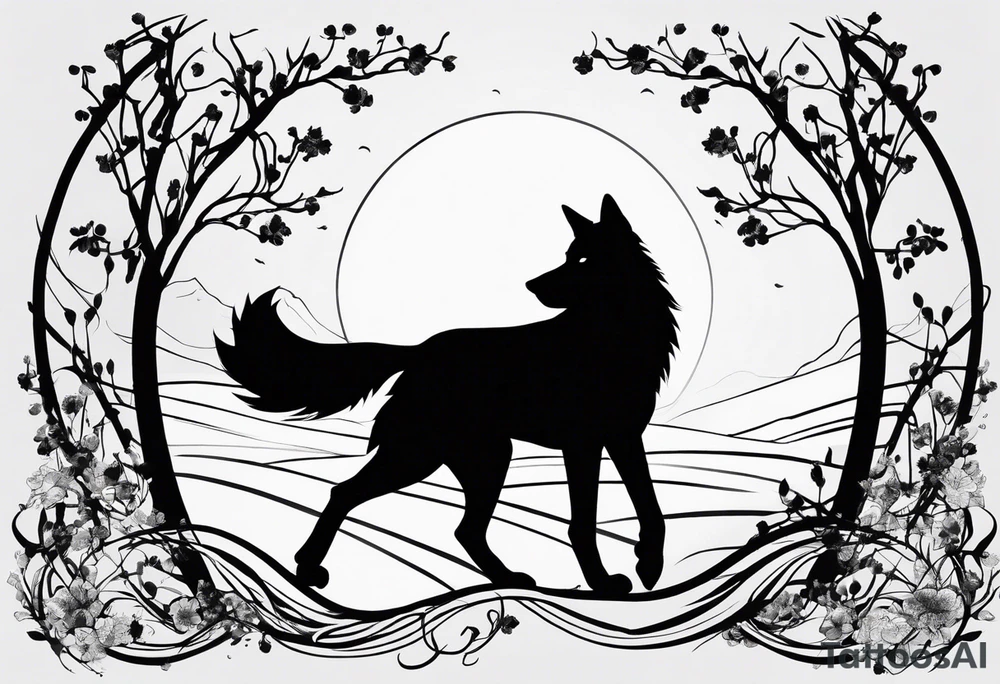 Two curved lines diverge, representing paths. One path is barren. The other path sprouts small leaves. Silhouette of a hunched wolf at the end of the barren path. Silhouette of a standing, open wolf at the end of the flowering path tattoo idea
