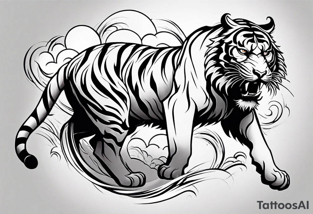 Asian Japanese Chinese style tiger with a full body not just head twisting body for a forearm half sleeve, clouds tattoo idea
