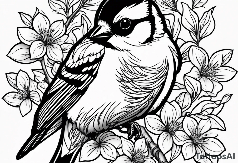 Generate a tattoo design of a goldfinch surrounded by delicate vines, emphasizing its bright colors and playful nature tattoo idea