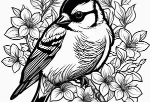 Generate a tattoo design of a goldfinch surrounded by delicate vines, emphasizing its bright colors and playful nature tattoo idea