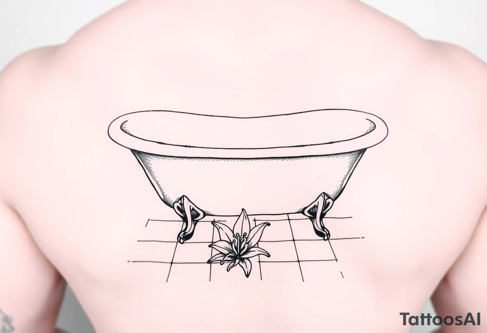 clawfoot bathtub with simple faucet and lily coming up out of the tile floor tattoo idea