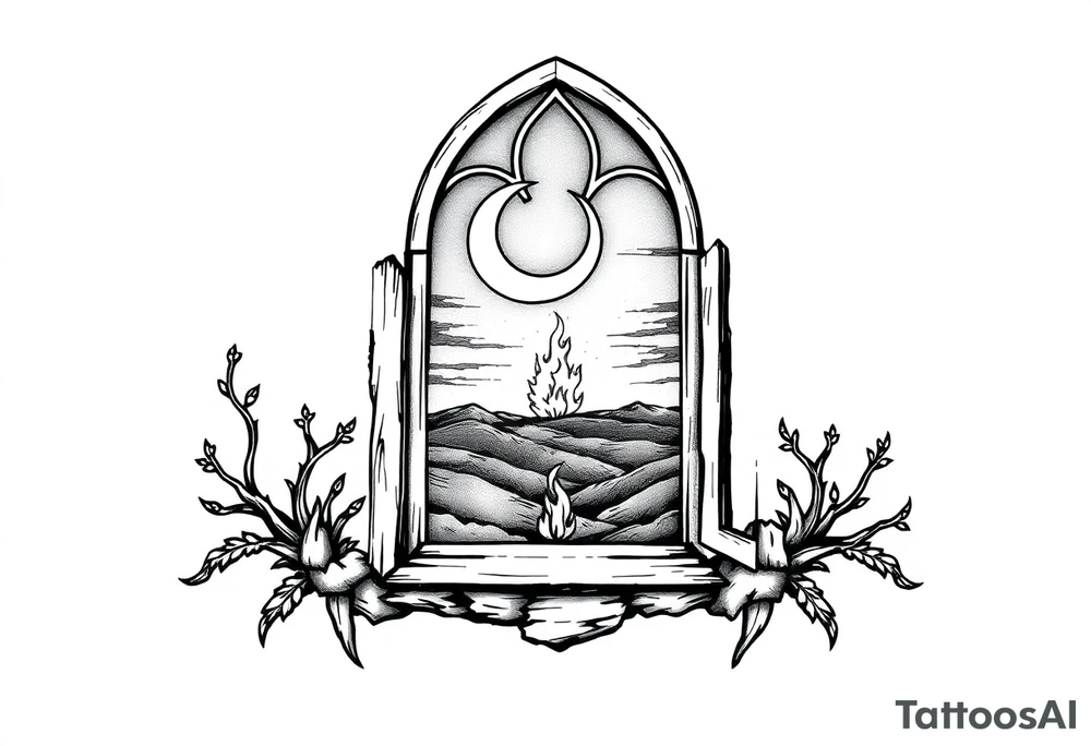 Tall church window with stained glass showcasing crescent moon over a hilly landscape as a fire burns in the distance tattoo idea