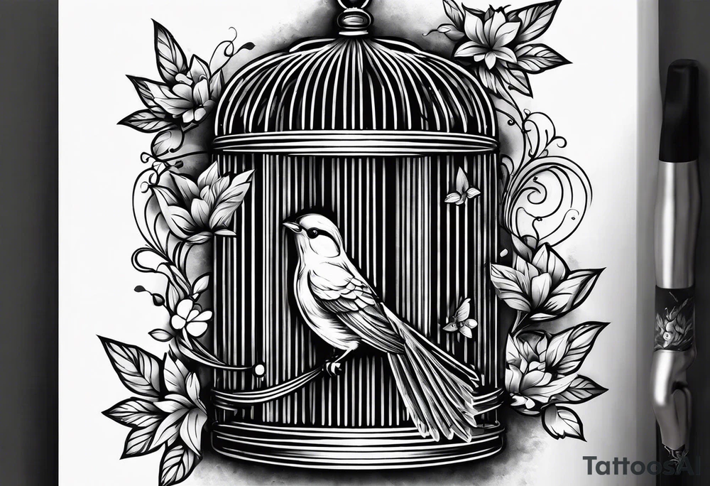 An open bird cage with a beautiful bird flying out of it. Front facing, it should be looking into the cage with the bird flying toward you out of the cage tattoo idea