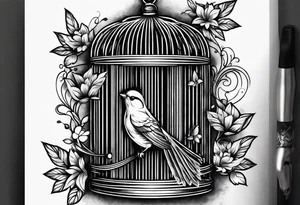 An open bird cage with a beautiful bird flying out of it. Front facing, it should be looking into the cage with the bird flying toward you out of the cage tattoo idea