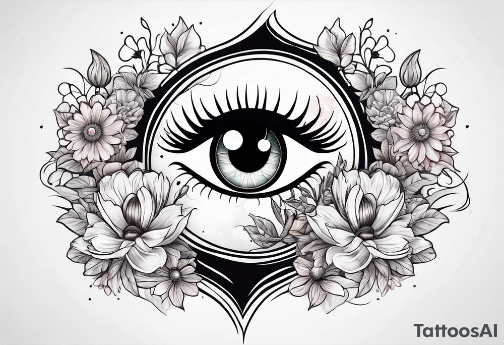 Heart with an eye in it surrounded by flowers and yin Yang tattoo idea